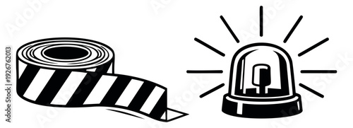 Line art warning icons set featuring a roll of caution tape and an emergency siren for safety and alert notifications