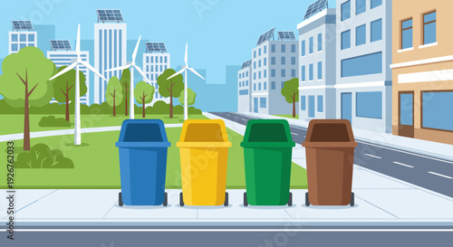 Four colorful recycling bins for waste sorting stand on a city sidewalk with a sustainable urban landscape featuring wind turbines and solar panels in the background