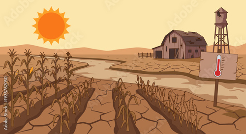 Drought-stricken farm landscape with withered crops and cracked soil under a hot sun, illustrating the effects of climate change and extreme heat on agriculture