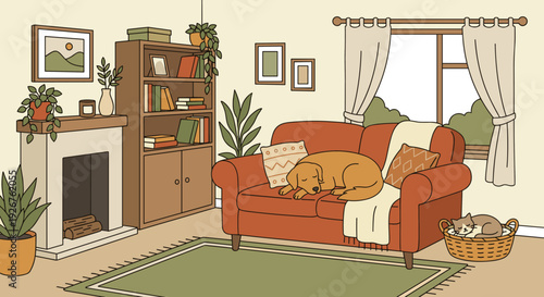 Cozy living room interior with a dog sleeping on the sofa and a cat in a basket, creating a warm and peaceful home atmosphere in a flat illustration style
