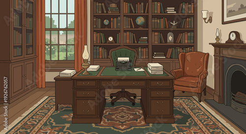 Vintage home office study room interior illustration with a wooden desk, typewriter, bookshelves, and fireplace, creating a cozy and intellectual atmosphere for a writer or scholar