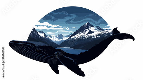 Majestic whale silhouette embodying a breathtaking mountain and lake landscape, symbolizing the profound connection between ocean life and serene alpine nature