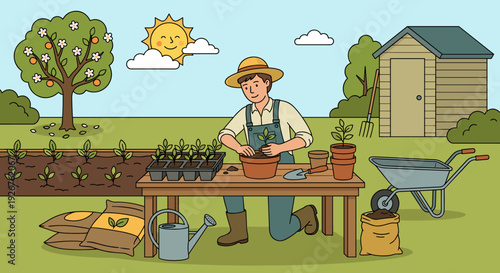 Happy cartoon gardener in a hat planting a small green seedling into a terracotta pot at a wooden table in a sunny backyard with a shed and fruit tree