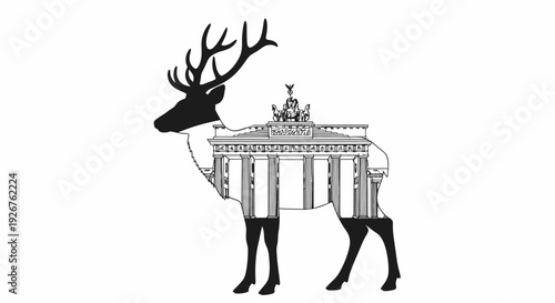 Artistic graphic design featuring a stag superimposed with the Brandenburg Gate, symbolizing a fusion of nature and heritage