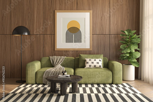Mid century style conceptual dopamine interior room 3d illustration