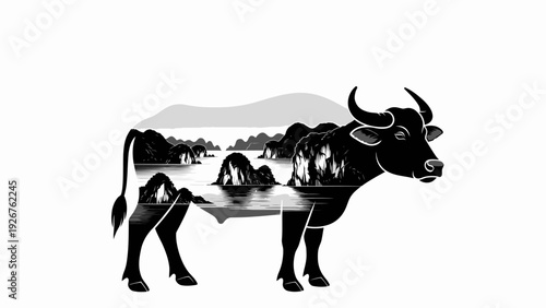 Surreal landscape reflection within a silhouetted buffalo, blending nature and animalistic imagery with a monochrome aesthetic