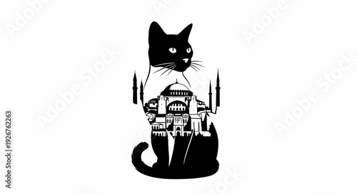 Black cat silhouette gracefully integrated with an intricate cityscape illustration, featuring prominent domes and minarets, symbolizing urban elegance and feline charm