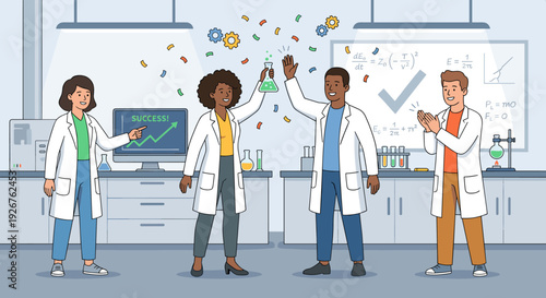 Diverse team of four happy scientists celebrating a successful experiment in a modern laboratory, cheering and applauding a breakthrough with confetti falling around them