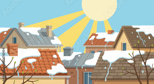 Rooftops of various houses with melting snow dripping down under the bright warm sun, with budding tree branches signaling the arrival of springtime