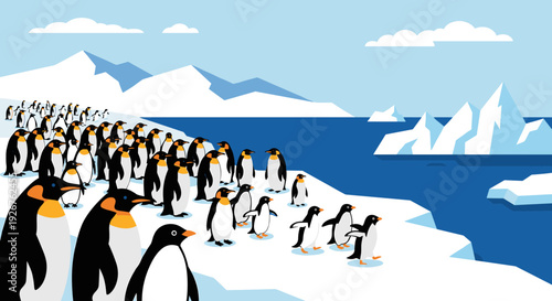 Large group of black and white penguins stands and walks across a vast icy landscape with snow-capped mountains and blue ocean under a clear sky, rendered in a flat vector illustration style