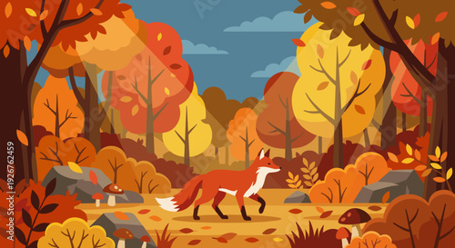 Charming red fox with a white-tipped tail walks through a vibrant autumn forest filled with colorful trees, falling leaves, and mushrooms in a flat vector illustration style