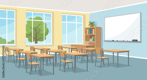 Empty school classroom interior with wooden desks, chairs, a whiteboard, and large windows showing a sunny day outside, presented in a clean flat vector illustration style