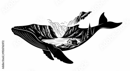 Majestic Whale Silhouette Encapsulating a Serene Mountain Lake Landscape with a Cozy Cabin and Cascading Waterfall – A Symbol of Wilderness Harmony and Nature's Grandeur