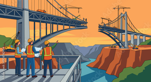 Large bridge under construction over a river with a team of engineers in the foreground planning the project with blueprints and cranes at sunset