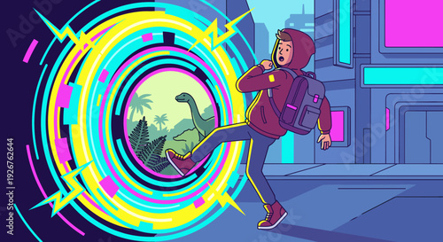 Young cartoon man with a backpack steps through a glowing neon portal from a futuristic city into a prehistoric world with dinosaurs, illustrating a time travel adventure concept