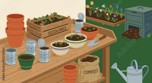 Wooden potting bench with seedlings growing in a crate, bowls, and upcycled tin cans, alongside compost, pots, and tools for a sustainable home gardening hobby
