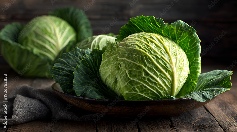 Fototapeta premium Fresh Green Cabbage on Rustic Wood Table
