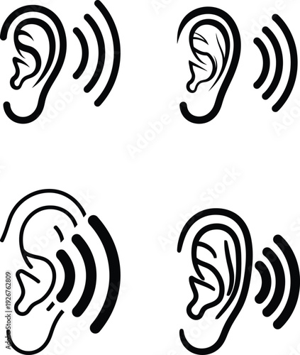 Stylized human ear icons with sound waves for audio concepts