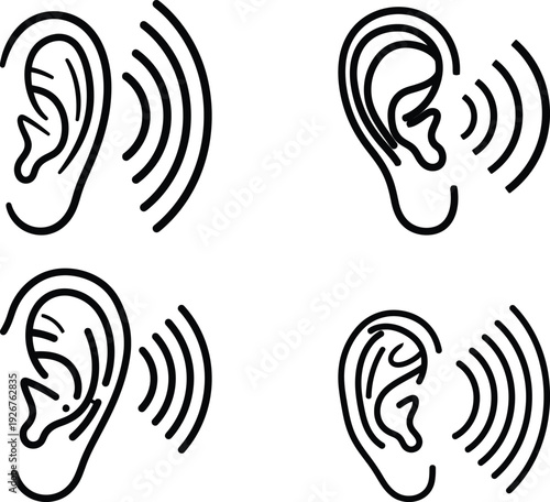 Hearing and listening ear icons with sound waves