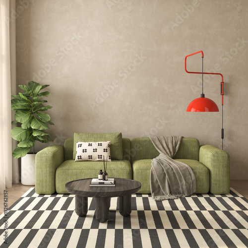 Mid century style conceptual dopamine interior room 3d illustration