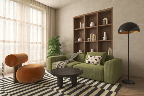 Mid century style conceptual dopamine interior room 3d illustration