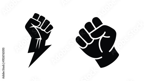 Black silhouette of a human fist with lightning bolt on white background, design element