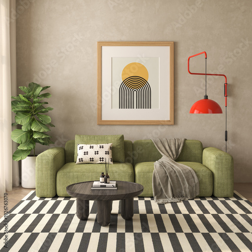 Mid century style conceptual dopamine interior room 3d illustration
