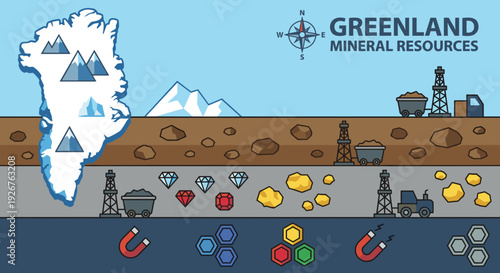 Geological cross-section infographic showing mineral resource extraction from an arctic landmass with underground layers of precious gems and metals
