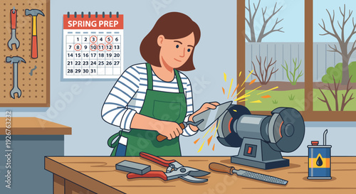 Focused woman in a green apron sharpening a garden tool on a bench grinder in her workshop in preparation for spring, with other tools and a calendar on the wall