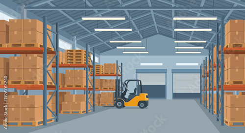 Large warehouse interior with tall metal racks filled with cardboard boxes on pallets and a yellow forklift parked in the aisle under a high ceiling