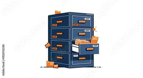A dark blue four-drawer office filing cabinet with multiple orange folders protruding from drawers sits on white.