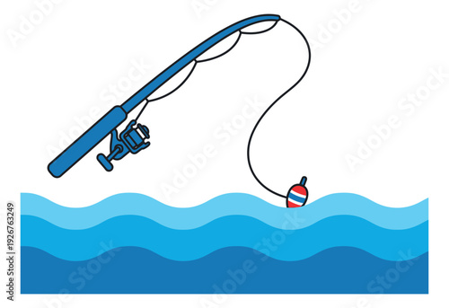 Hand drawn line art illustration of a fishing rod depicting a bobber floating in blue waves for outdoor recreation