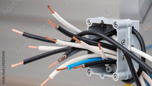 Close-up of electrical junction box with black, white, blue, and yellow wires, exposed copper ends ready for connection, highlighting wiring installation and repair work