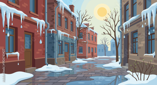 Old city street with brick buildings during the spring thaw, featuring melting snow, dripping icicles, puddles on the cobblestone, and birds on budding trees