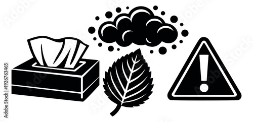Graphic health set featuring a tissue box, mint leaf, warning sign, and airborne particles for allergy and cold awareness