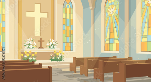 Peaceful church interior features an altar adorned with crosses and flowers, colorful stained glass windows, and rows of empty wooden pews, bathed in serene sunlight