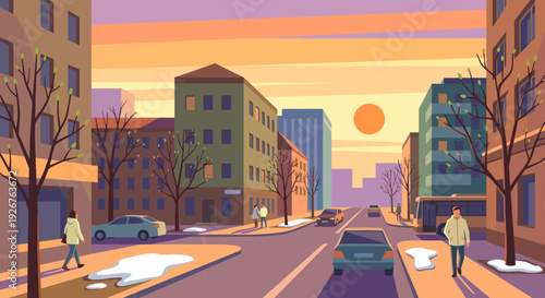 Vector illustration of a city street during a beautiful spring sunset with pedestrians, cars, melting snow, and apartment buildings under a colorful sky