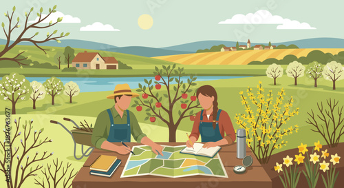 Two farmers in overalls planning together at a wooden table, studying a map of their land in a beautiful spring countryside with an orchard and village