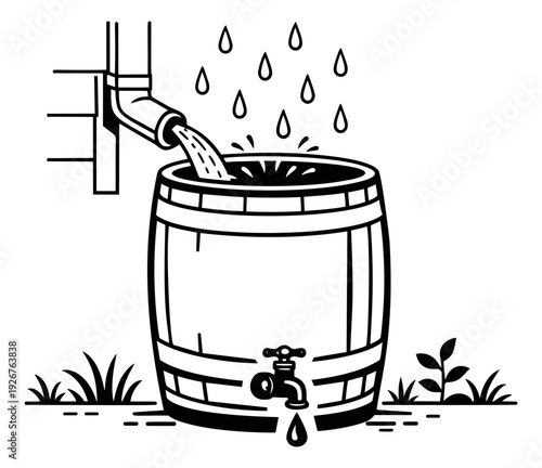 Hand drawn line art illustration of a rain barrel depicting collecting rainwater from a downspout for water conservation