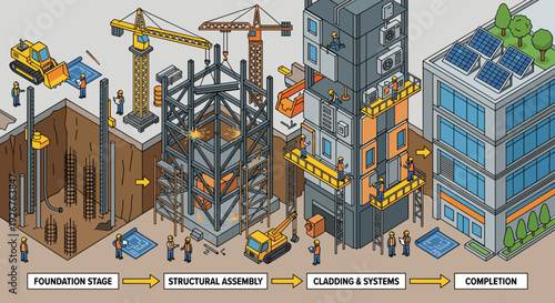 Isometric illustration of a building construction process showing four stages from foundation and structural assembly to cladding, systems installation, and final completion