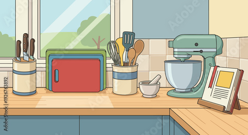 Illustrated kitchen counter with various cooking utensils and baking appliances like a stand mixer, cookbook, and knife block in a cozy home setting with a window