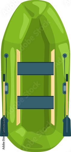Rubber boat with paddles. Green ship top view