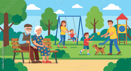 Happy multi-generational family spending time together at a sunny park, with grandparents on a bench watching parents play with their children and a dog near a playground
