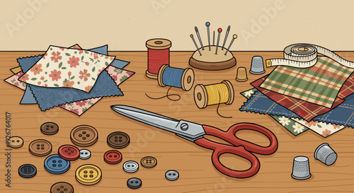 Collection of sewing and tailoring tools including scissors, thread spools, buttons, and fabric samples are laid out on a wooden worktable in a detailed cartoon illustration