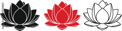 Three lotus flowers in black red and white colors