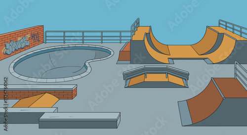 Empty outdoor skatepark features various ramps, a large bowl, and ledges, all rendered in a clean, flat illustration style under a clear blue sky