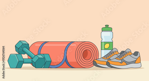 Fitness equipment set with a rolled mat, dumbbells, sneakers, and water bottle for a healthy lifestyle workout, shown in a flat vector illustration style on a pastel background