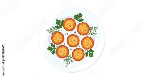 A top down view of seven golden brown fried nuggets arranged in a circle on a white plate with green parsley and dill sprigs on a white background.