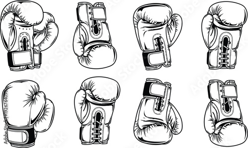 Eight different views of a boxing glove in black and white illustrations