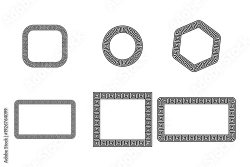 Geometric textured frame collection. Includes square, circle, hexagon, and rectangle shapes. Created in outlined style with gray and white palette.